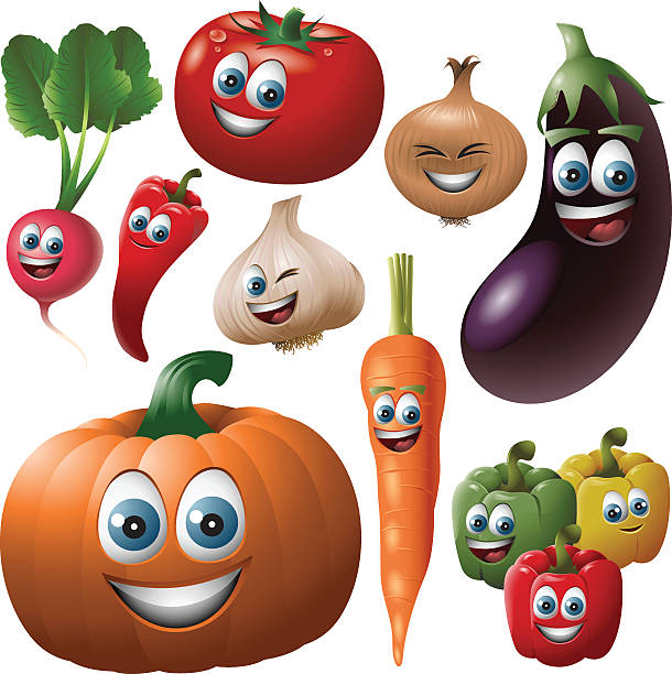 Vegetable Faces Set Radish, Chili, Tomato, Garlic, Onion, Eggplant, Pumpkin, Carrot, and Bell Pepper. Linear and radial gradients were used. tomato cartoon stock illustrations