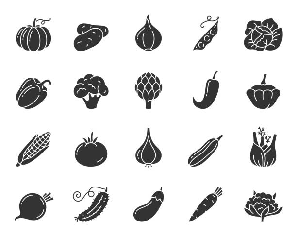 Vegetable food black silhouette icons vector set Vegetable silhouette icons set. Food symbol, simple shape pictogram collection. Vegetarian design element. Pumpkin, potato, corn, pea flat black sign Isolated on white icon concept vector illustration potato clipart stock illustrations