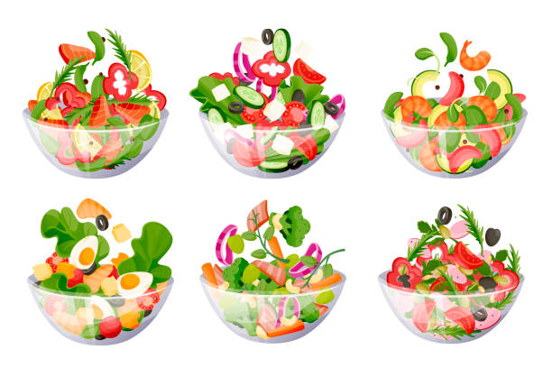 ilustrações de stock, clip art, desenhos animados e ícones de vegetable green salads bowl. vector flat cartoon illustration. healthy cooking vegetarian recipes design elements - salad bowl