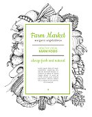 Vegetable hand drawn vintage vector frame illustration. Farm Market poster. Vegetarian set of organic products. Detailed food drawing. Great for menu, banner, label, flyer