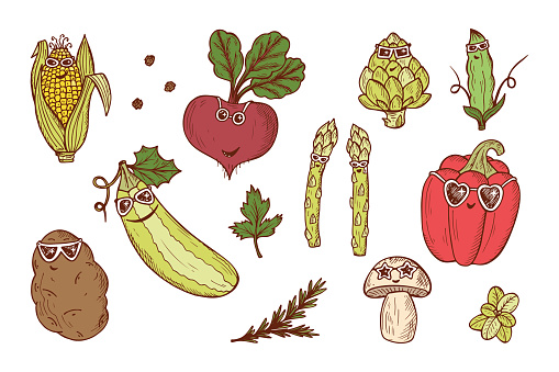 Vegetable icons set. Funny Stylish Fashion Vegetables with sunglasses. Hand drawn doodle corn, beet, zucchini, potato, artichoke, asparagus, pod green pea, bell pepper, champignon mushroom