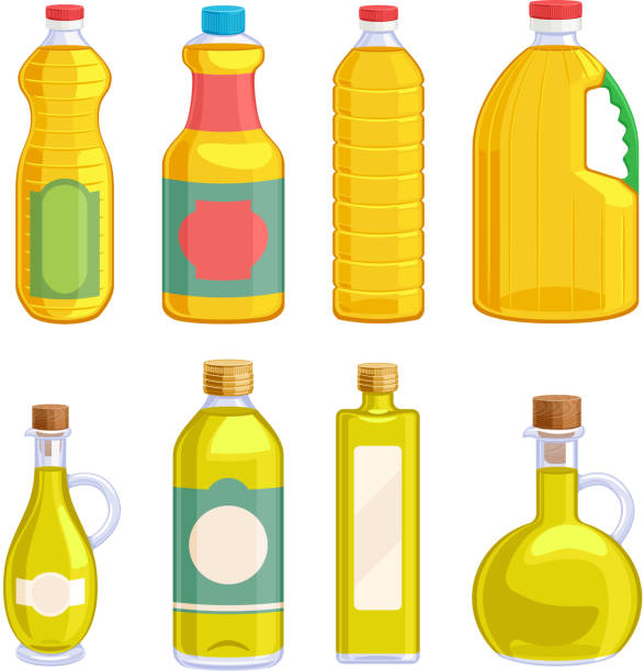 Vegetable oil assorted bottles set. Vegetable oil assorted bottles set. Olive oil, sunflower oil, corn oil, soybean oil vector illustration. cooking oil stock illustrations