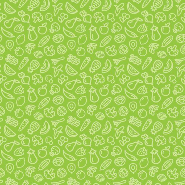 Vegetables and fruits seamless pattern background Vegetables and fruits seamless pattern background illustration outline icons on green leaf vegetable stock illustrations