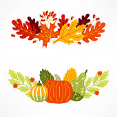 Vegetables and leaves compositions with pumpkins, berries and flowers. Perfect for autumn greeting cards, holiday decoration