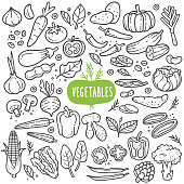 Vegetables doodle drawing collection. vegetable such as carrot, corn, ginger, mushroom, cucumber, cabbage, potato, etc. Hand drawn vector doodle illustrations in black isolated over white background.