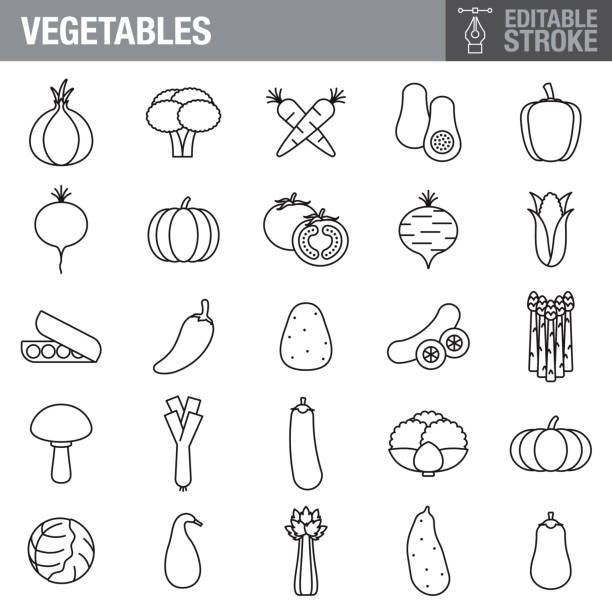 Vegetables Editable Stroke Icon Set A set of editable stroke thin line icons. File is built in the CMYK color space for optimal printing. The strokes are 2pt and fully editable: Make sure that you set your preferences to ‘Scale strokes and effects’ if you plan on resizing! potato clipart stock illustrations