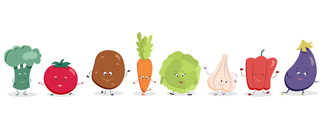✓ Imagen de Conjunto de coloridas frutas y verduras de dibujos animados,  vector de contorno Fotografía de Stock