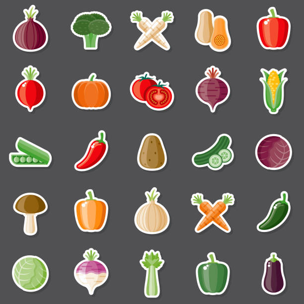 Vegetables Sticker Set A set of flat design icons in a sticker type format. File is built in the CMYK color space for optimal printing. Color swatches are global so it’s easy to edit and change the colors. potato clipart stock illustrations