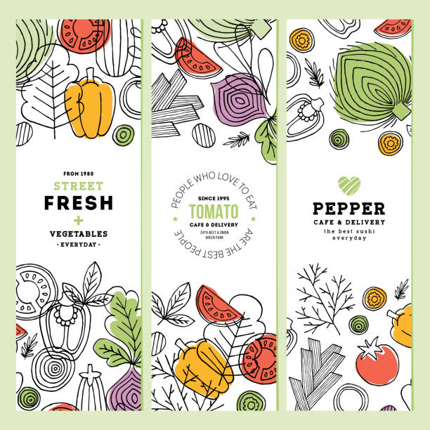야채 수직 배너 컬렉션입니다. 선형 그래픽입니다. 야채 배경입니다. 스 칸디 나 비아 스타일입니다. 건강 한 음식입니다. 벡터 일러스트 레이 션 - 채소 stock illustrations