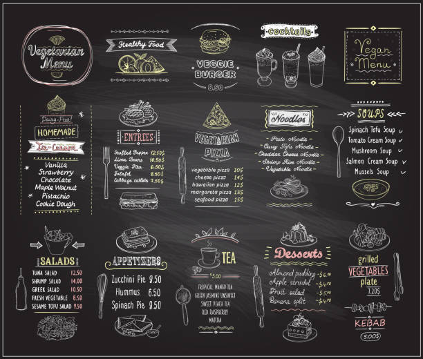 Vegetarian and vegan food chalkboard design set Vegetarian and vegan food chalkboard design set, hand drawn line graphic illustration with desserts and drinks, soups, salads, pizza and noodles, vector collection menu illustrations stock illustrations