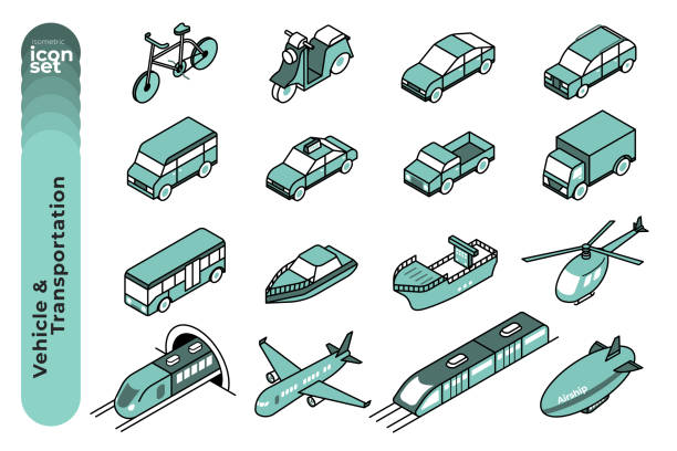 Das monofarbene Umrisssymbol Illustrationsset von Fahrzeugen und Transportmitteln wie Limousine, SUVs, Fahrrad, Flugzeug, Schiff, Hubschrauber und so weiter.