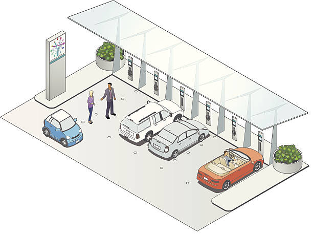 bildbanksillustrationer, clip art samt tecknat material och ikoner med vehicle charging station - electric car woman