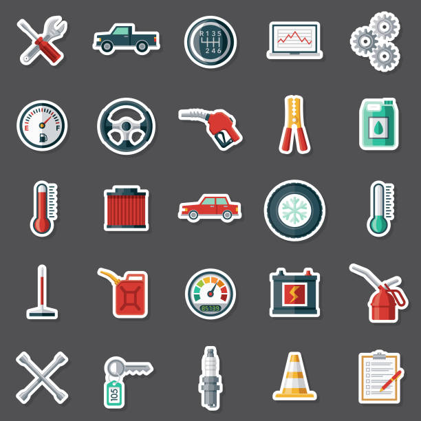 Vehicle Maintenance Sticker Set A set of flat design sticker icons. File is built in the CMYK color space for optimal printing. Color swatches are global so it’s easy to edit and change the colors. mechanic clipart stock illustrations