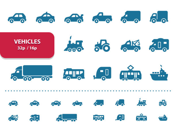 Vehicles Icons (2x magnification for preview) Professional, pixel perfect icons, EPS 10 format, optimized for 32p and 16p (2x magnification for preview). truck icons stock illustrations