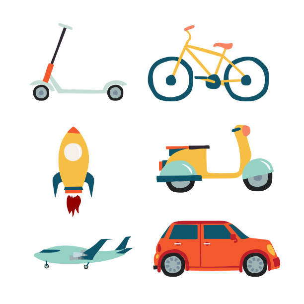 illustrazioni stock, clip art, cartoni animati e icone di tendenza di raccolta set veicoli: scooter, auto, bicicletta, moto, razzo, aereo. - electric scooter