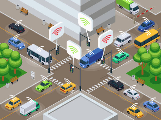 ilustrações de stock, clip art, desenhos animados e ícones de vehicles with infrared sensor device. unmanned smart cars in city traffic vector illustration - car city