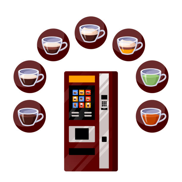 automatik, tee und kaffee getränke ikonen. vector flacher cartoon-illustration. heiße getränke verkaufsservice - kaffeeautomat stock-grafiken, -clipart, -cartoons und -symbole