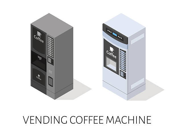 verkaufsautomaten kaffeemaschine isometrische vektor - kaffeeautomat stock-grafiken, -clipart, -cartoons und -symbole