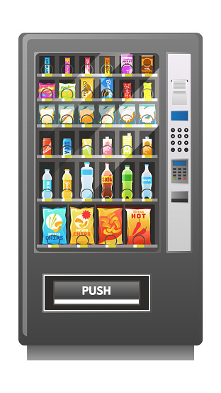 Vending machine. Automatic food, lunch snacks and drink sale, square appliance with panel and buttons, bottles inside, retail equipment, realistic isolated element, 3d vector illustration
