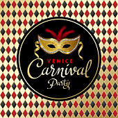 An invitation to the masquerade party for the Venice Carnival with gold colored theater mask on the diamond shape colorful background