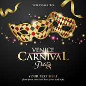 An invitation to the Venice Carnival Party with carnival masks and golden ribbon on the black colored background