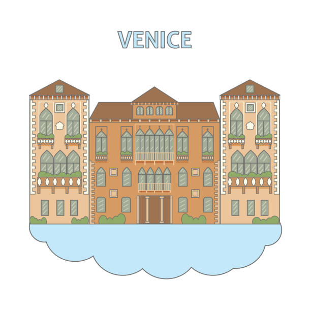 illustrazioni stock, clip art, cartoni animati e icone di tendenza di edificio skyline della città di venezia. concetto di illustrazione vettoriale della linea di progettazione piatta. icona isolata su sfondo bianco - burano