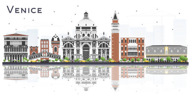 illustrazioni stock, clip art, cartoni animati e icone di tendenza di skyline della città di venezia italia con edifici a colori e riflessi isolati sul bianco. - venezia