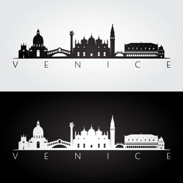 illustrazioni stock, clip art, cartoni animati e icone di tendenza di skyline di venezia e silhouette di punti di riferimento, design in bianco e nero, illustrazione vettoriale. - venezia