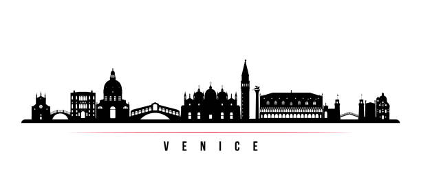 illustrazioni stock, clip art, cartoni animati e icone di tendenza di striscione orizzontale skyline di venezia. silhouette in bianco e nero di venezia city, italia. modello vettoriale per la progettazione. - venezia
