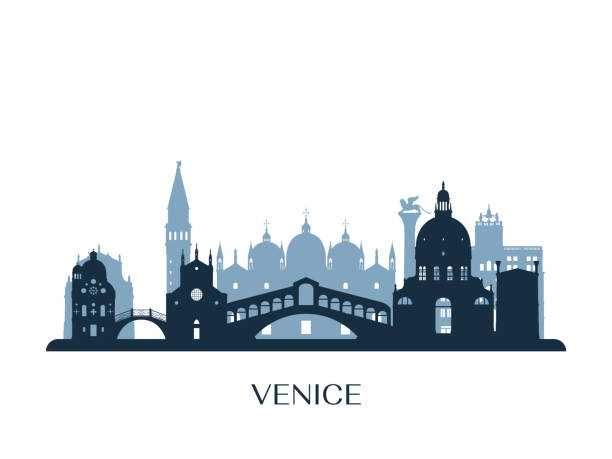 illustrazioni stock, clip art, cartoni animati e icone di tendenza di skyline di venezia, silhouette monocromatica. illustrazione vettoriale. - venezia