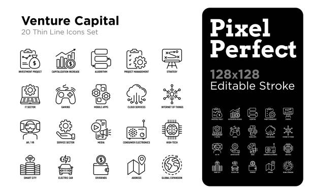 Venture capital thin line icons set. Investment project, capitalization increase, strategy, dividends, global expansion, high tech, it sector, cloud services. Pixel perfect, editable stroke. Vector illustration. vector art illustration