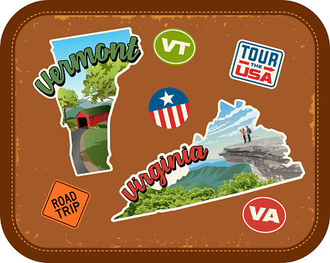 Vermont, Virginia travel stickers with scenic attractions and retro text on vintage suitcase background