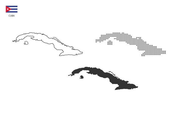 3 wersje wektora mapy miasta kuby według cienkiego czarnego konturu w stylu prostoty, stylu czarnej kropki i stylu ciemnego cienia. wszystko na białym tle. - cuba stock illustrations