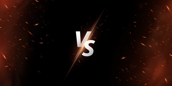 Versus background. VS screen for sport games, match, tournament, martial arts, fight battles. Orange flame with sparks. Abstract magic fire with glowing dust. Vector illustration