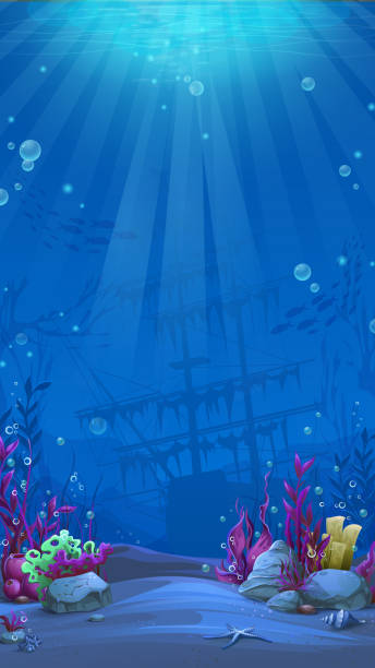 Vertical background - blue theme of undersea world Undersea world in blue theme. Marine Life Landscape - the ocean and the underwater world with different inhabitants. For design websites and mobile phones, printing. undersea stock illustrations