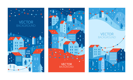 Vertical banners and wallpaper for social media stories. Urban landscape in a geometric minimal flat style. New year and Christmas winter city with holiday garlands. Templates with copy space for text