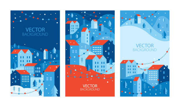 Vertical banners and wallpaper for social media stories. Urban landscape in a geometric minimal flat style. New year and Christmas winter city with holiday garlands. Templates with copy space for text  holiday card stock illustrations