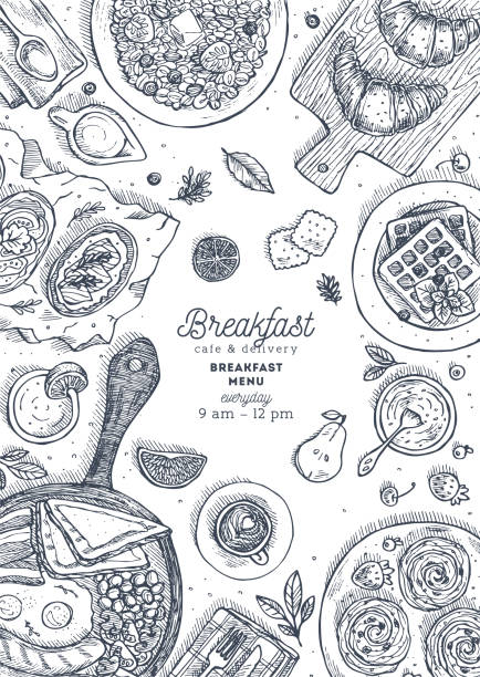 Vertical breakfast top view design template. Various food background. Engraved style illustration. Hero image. Vector illustration Vector illustration breakfast drawings stock illustrations