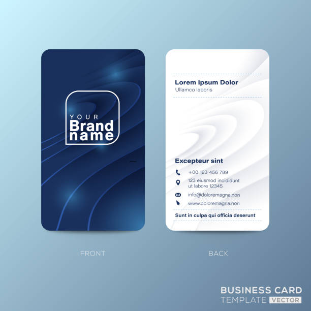 Vertical business card design with abstract nature blue curved shape background vector art illustration