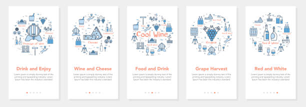 ilustrações de stock, clip art, desenhos animados e ícones de vertical five banners with line concept of winemaking - wine and cheese - technology picking agriculture