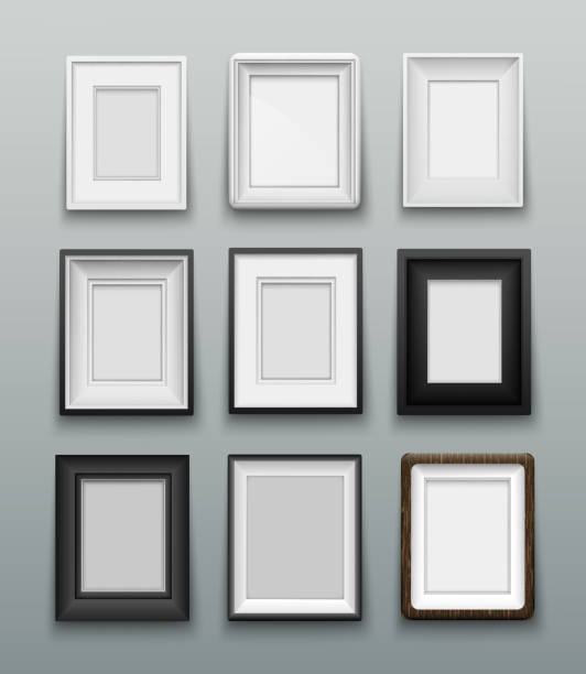 Vertical frame for photos or paintings on wall Vertical set frame for photos or paintings on wall shelf photos stock illustrations