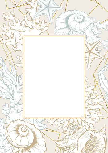 Vertical Frame with Seashells. Isolated vector poster with contour drawing sea shells for wedding design cards templates.