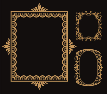 Vertical gold Art Deco frames isolated on black