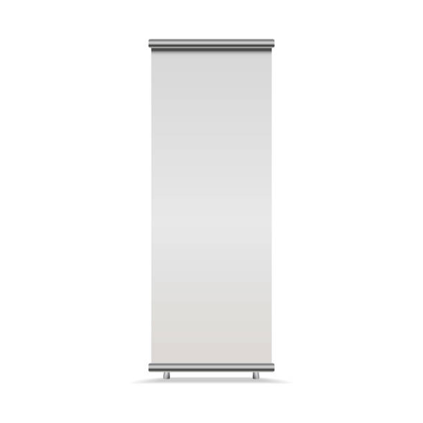 Vertical Roll-up banner isolated on white background, , front view. Vector empty show display mock up for presentation or exhibition Vertical Roll-up banner isolated on white background, , front view. Vector empty show display mock up for presentation or exhibition rolling stock illustrations