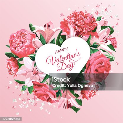 istock Vertical Valentine's Day greeting card template. Pink and white flowers isolated on light background. Heart with Roses, Peonies and Lilies. 1292859087
