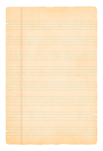 A vertical vector illustration of an old yellowed blank beige coloured page from a notepad, ripped from edges with a pattern of four lines