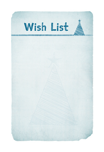 Vertical vector white coloured backgrounds with a green tint paper with heading text Wish list and a christmas tree with a star