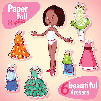 Very cute paper doll with six beautiful dresses. Brunet girl.