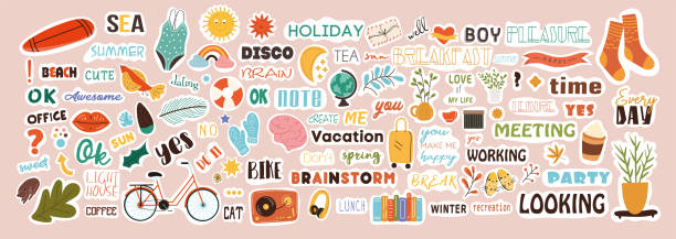 Very large collection of colored stickers Very large collection of colorful stickers covering diverse subjects with text and picture icons for weekly or daily planners and diaries , colored vector illustration diary stock illustrations