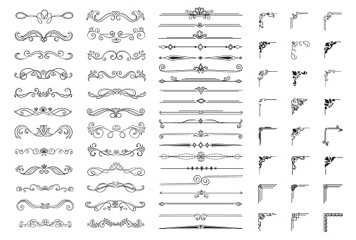 Very large set of decorative vector design ornaments or elements in black and white for patterns and corners